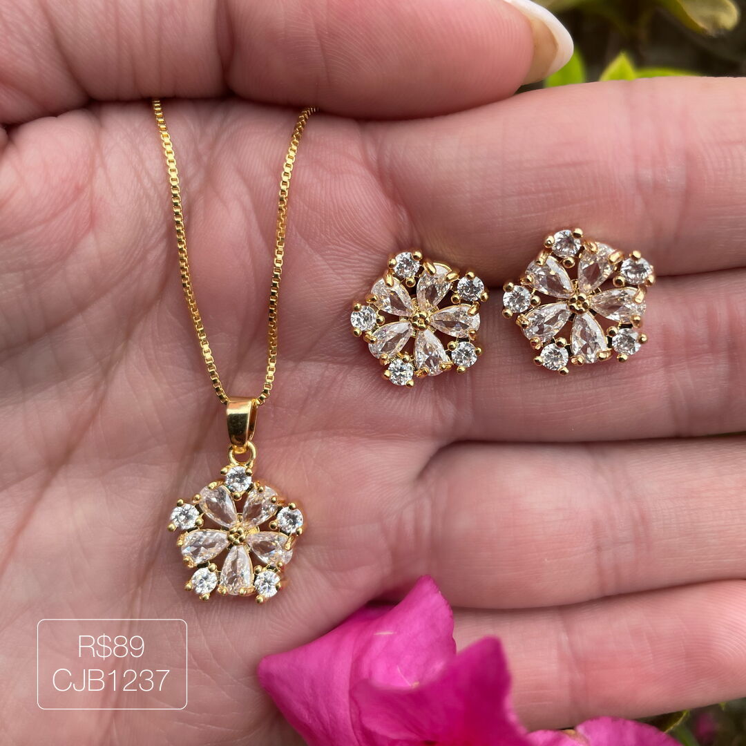 Conjunto Floco de Neve Cristal Dourado